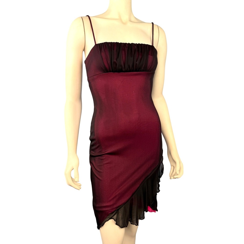 City Triangles Mini Dress Womens Red Black Ombre Mesh Overlay Ruffle Hem Y2K
